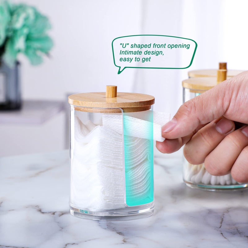 MKLZ 3 Pcs Qtip Holder and Cotton Round Pad Dispenser with Bamboo Lid  Small Clear Acrylic Containers for Cotton Swab/ball  Apothecary Jars Set for Bathroom/Restroom/Vanity/Makeup Storage Organizer - Image 4